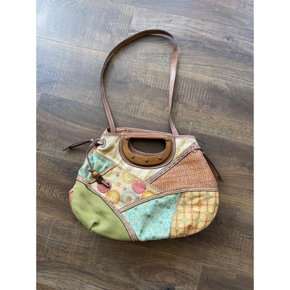 Fossil Patchwork Handbag Purse Wooden Handle Leather Trim Drawstring Boho - Picture 1 of 4